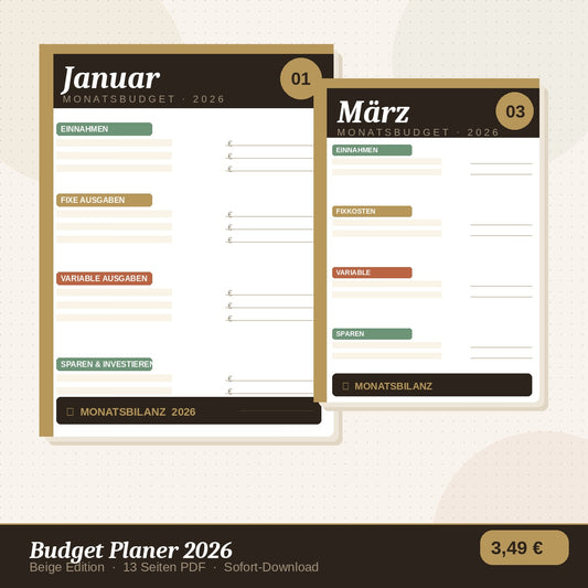 Budget Planer 2026 Beige – 13 Seiten PDF