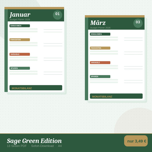 Budget Planer 2026 Sage Green – 13 Seiten PDF