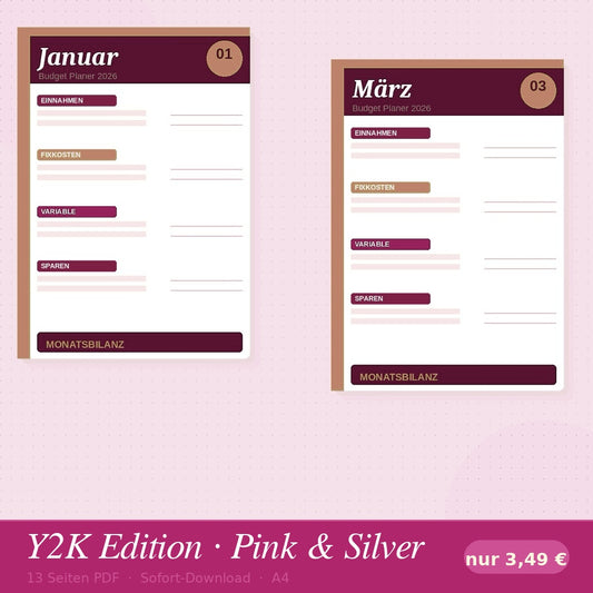 Budget Planer 2026 – Y2K Edition | Pink & Silver | 13 Seiten PDF